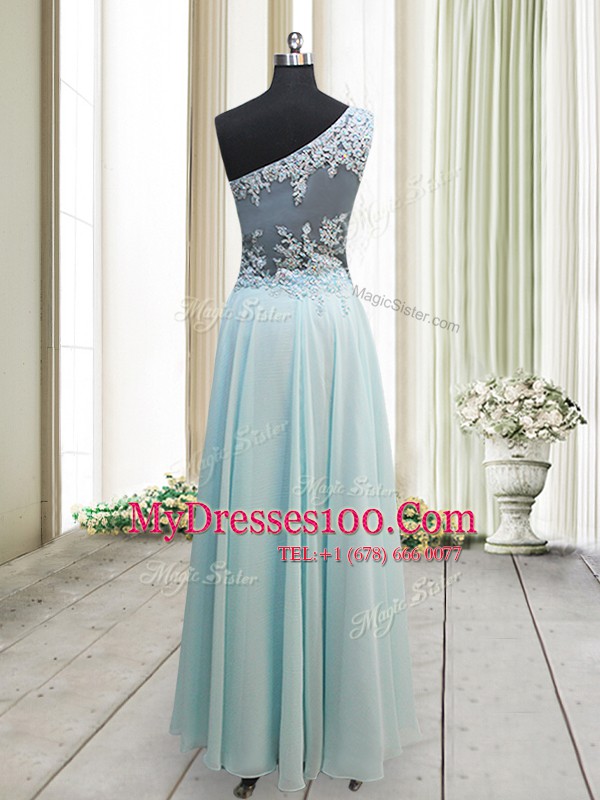 One Shoulder Beading and Appliques Going Out Dresses Light Blue Side Zipper Sleeveless Ankle Length