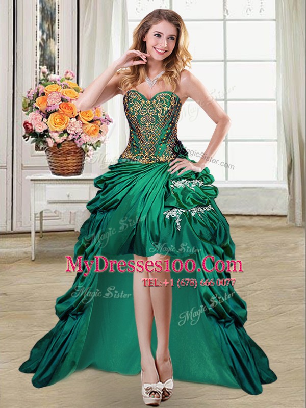 High Quality Pick Ups High Low Ball Gowns Sleeveless Dark Green Custom Made Lace Up