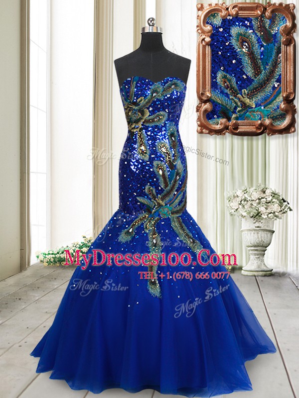 Fitting Mermaid Tulle Sleeveless Evening Dress Brush Train and Beading and Appliques and Sequins
