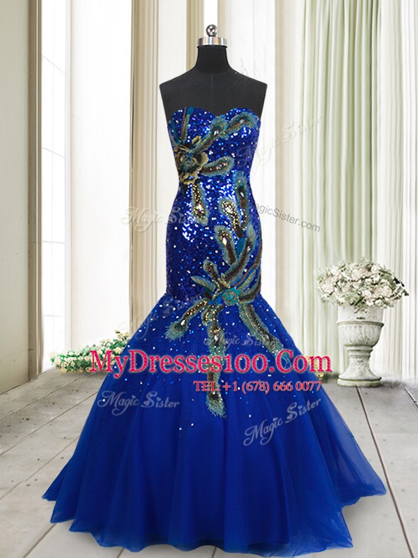 Fitting Mermaid Tulle Sleeveless Evening Dress Brush Train and Beading and Appliques and Sequins