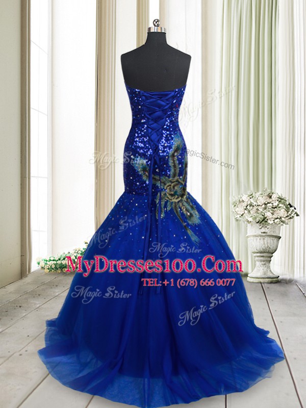 Fitting Mermaid Tulle Sleeveless Evening Dress Brush Train and Beading and Appliques and Sequins