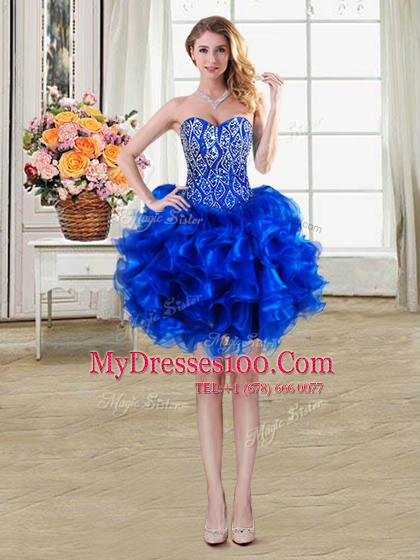 Spectacular Royal Blue Organza Lace Up Ball Gown Prom Dress Sleeveless Mini Length Beading and Ruffles