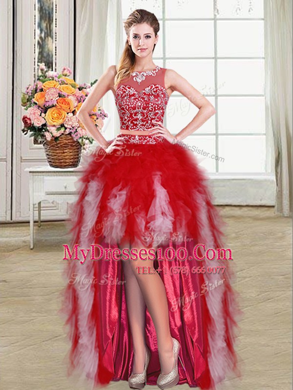Scoop Red Zipper Juniors Party Dress Beading and Ruffles Sleeveless High Low
