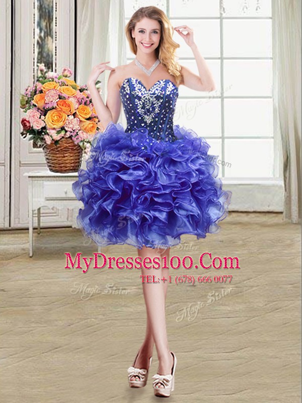 Sleeveless Organza Mini Length Lace Up Cocktail Dresses in Blue with Beading and Ruffles