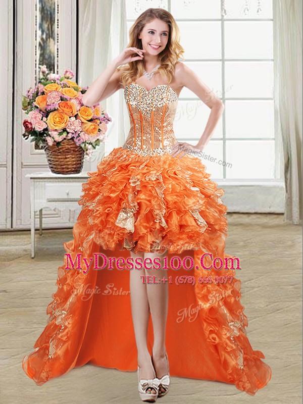 Custom Made High Low Lace Up Juniors Party Dress Orange for Prom and Party with Beading and Ruffles and Sequins