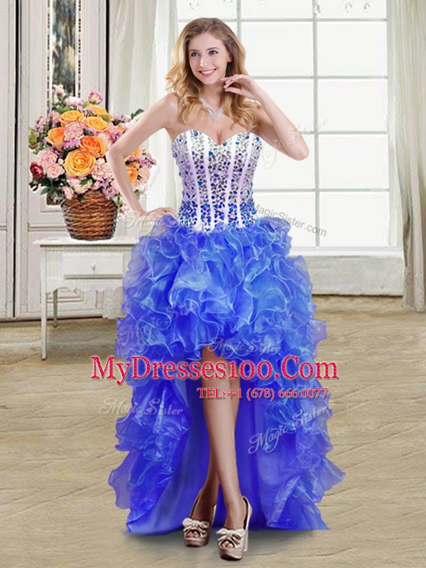 Organza Sweetheart Sleeveless Lace Up Beading and Ruffles Cocktail Dress in Blue