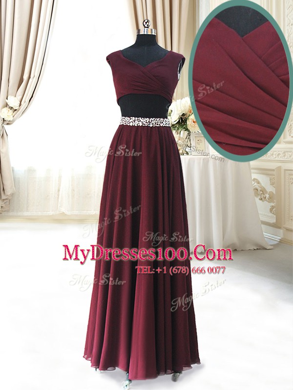 Beading and Belt Prom Dresses Burgundy Zipper Cap Sleeves Ankle Length