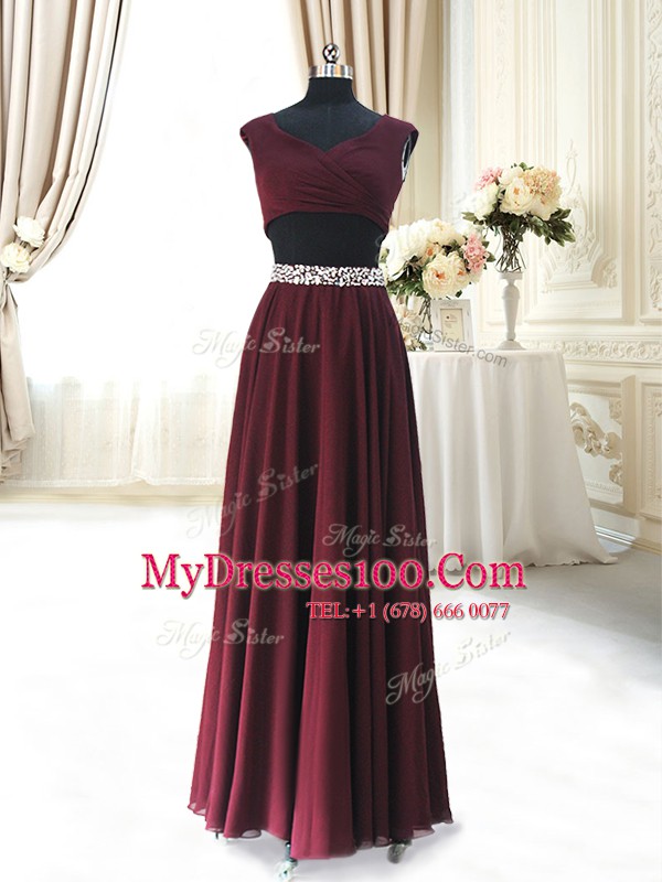 Beading and Belt Prom Dresses Burgundy Zipper Cap Sleeves Ankle Length