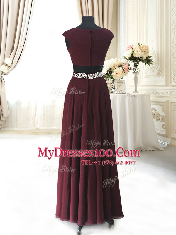 Beading and Belt Prom Dresses Burgundy Zipper Cap Sleeves Ankle Length