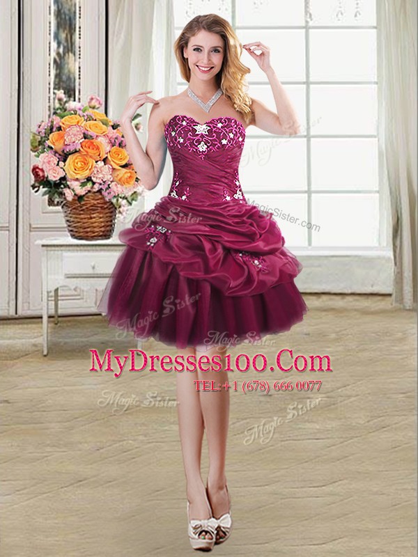 Pretty Burgundy Organza Lace Up Sweetheart Sleeveless Mini Length Dress for Prom Beading and Appliques and Pick Ups