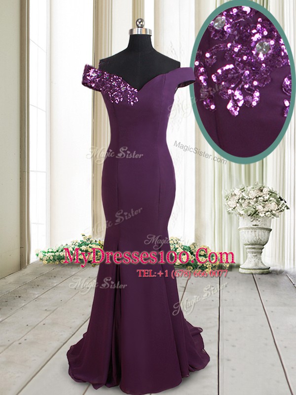 Mermaid Sequins Dark Purple Prom Dresses Off The Shoulder Sleeveless Brush Train Zipper