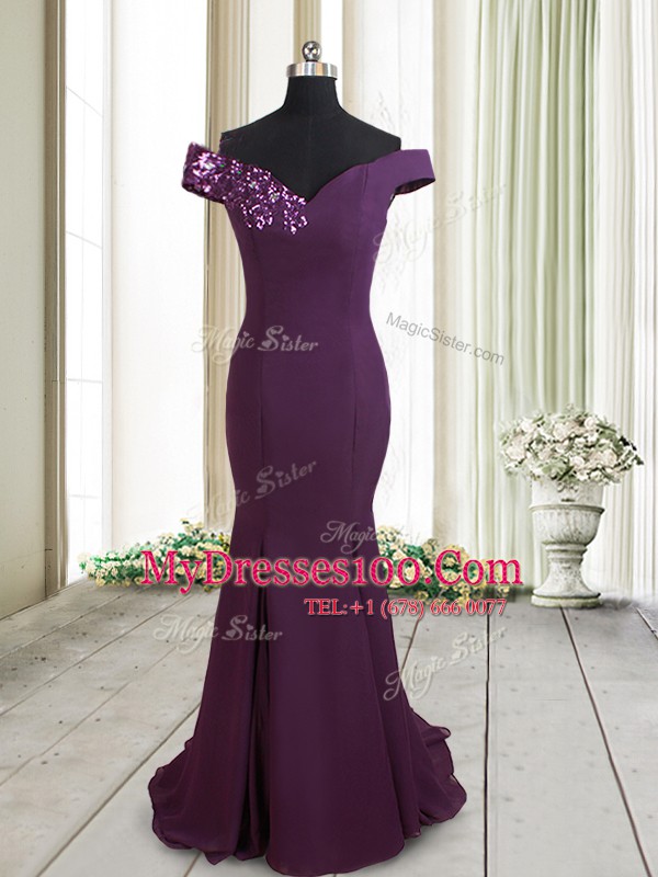 Mermaid Sequins Dark Purple Prom Dresses Off The Shoulder Sleeveless Brush Train Zipper