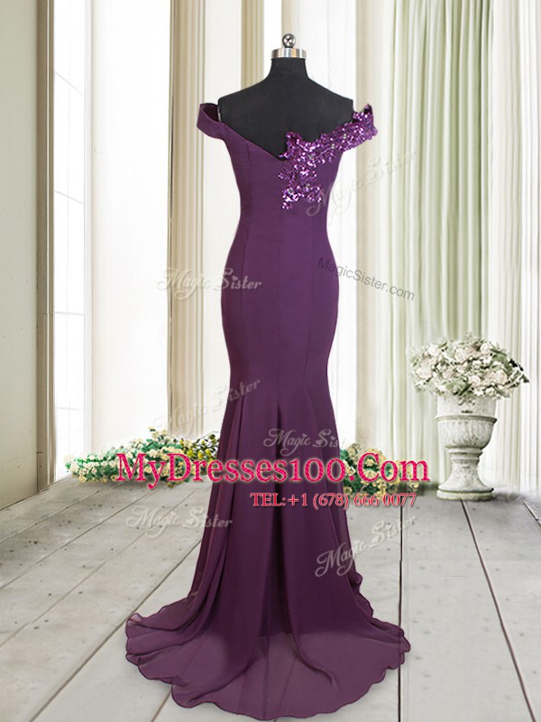 Mermaid Sequins Dark Purple Prom Dresses Off The Shoulder Sleeveless Brush Train Zipper