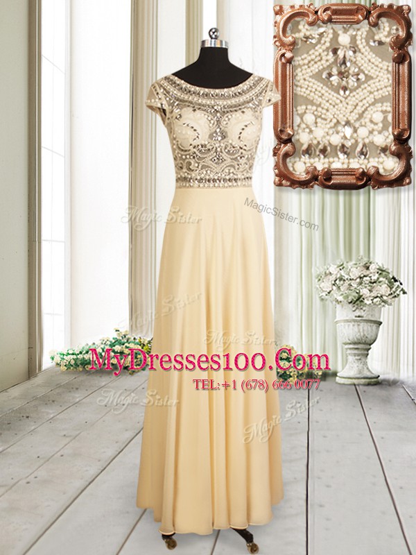 Top Selling Scoop Cap Sleeves Chiffon Prom Dresses Beading Zipper
