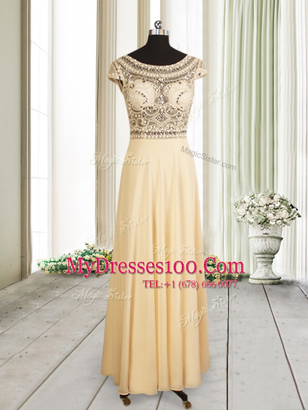 Top Selling Scoop Cap Sleeves Chiffon Prom Dresses Beading Zipper