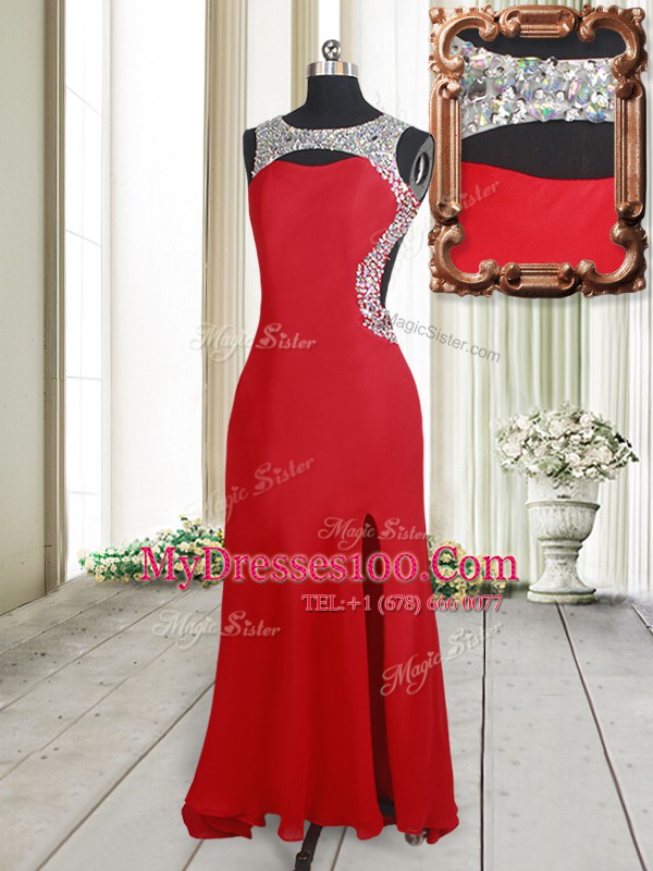 Custom Designed Scoop Red Elastic Woven Satin Backless Evening Outfits Sleeveless Brush Train Beading