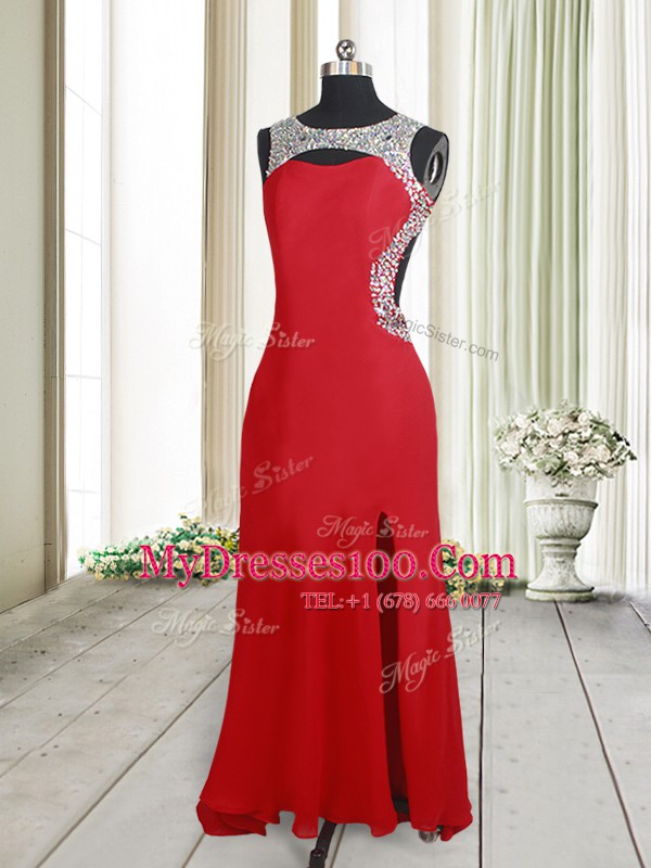 Custom Designed Scoop Red Elastic Woven Satin Backless Evening Outfits Sleeveless Brush Train Beading