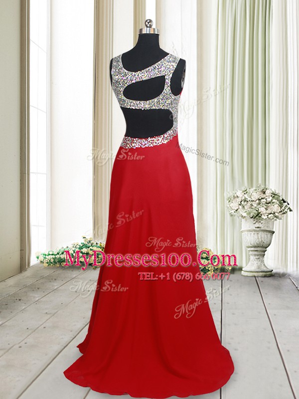 Custom Designed Scoop Red Elastic Woven Satin Backless Evening Outfits Sleeveless Brush Train Beading