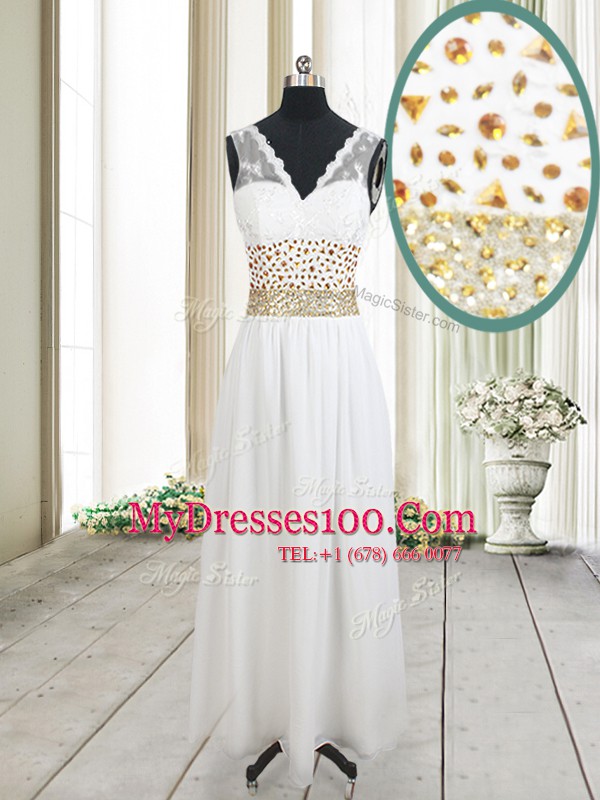 Pretty White Sleeveless Beading and Belt Ankle Length Prom Evening Gown