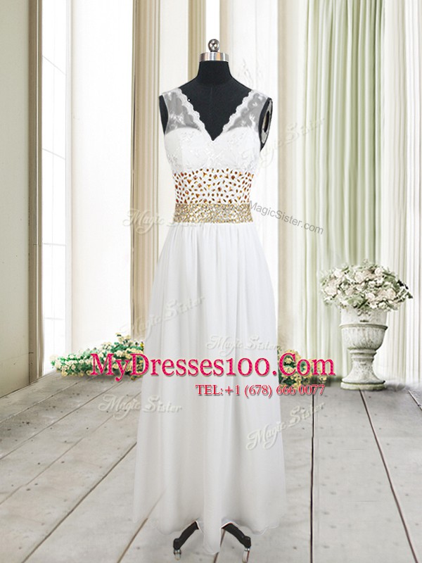Pretty White Sleeveless Beading and Belt Ankle Length Prom Evening Gown