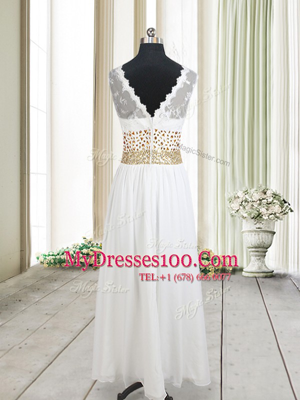 Pretty White Sleeveless Beading and Belt Ankle Length Prom Evening Gown