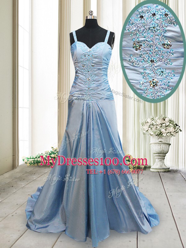 Glittering Light Blue Elastic Woven Satin Criss Cross Straps Sleeveless With Train Prom Evening Gown Sweep Train Beading