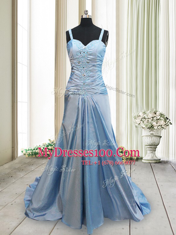 Glittering Light Blue Elastic Woven Satin Criss Cross Straps Sleeveless With Train Prom Evening Gown Sweep Train Beading