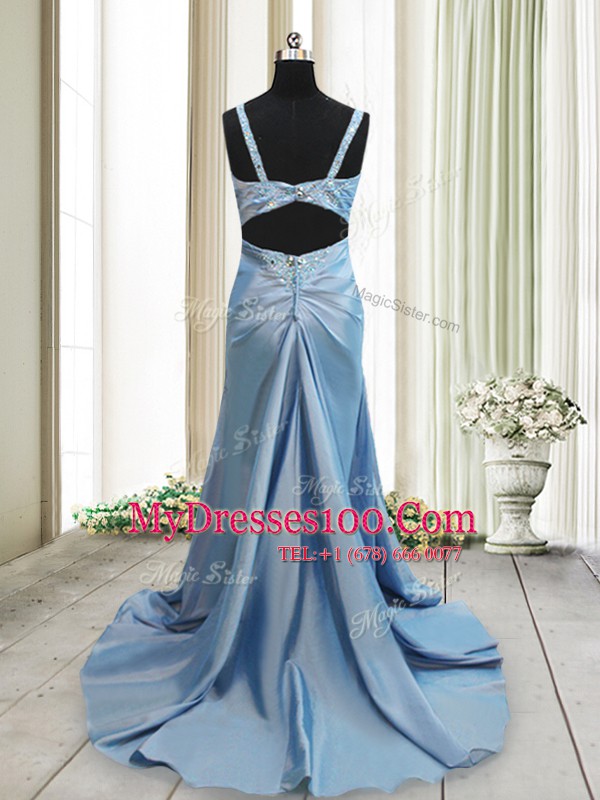 Glittering Light Blue Elastic Woven Satin Criss Cross Straps Sleeveless With Train Prom Evening Gown Sweep Train Beading
