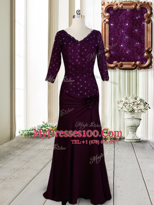 Floor Length Dark Purple Prom Party Dress Elastic Woven Satin Half Sleeves Beading and Lace and Hand Made Flower