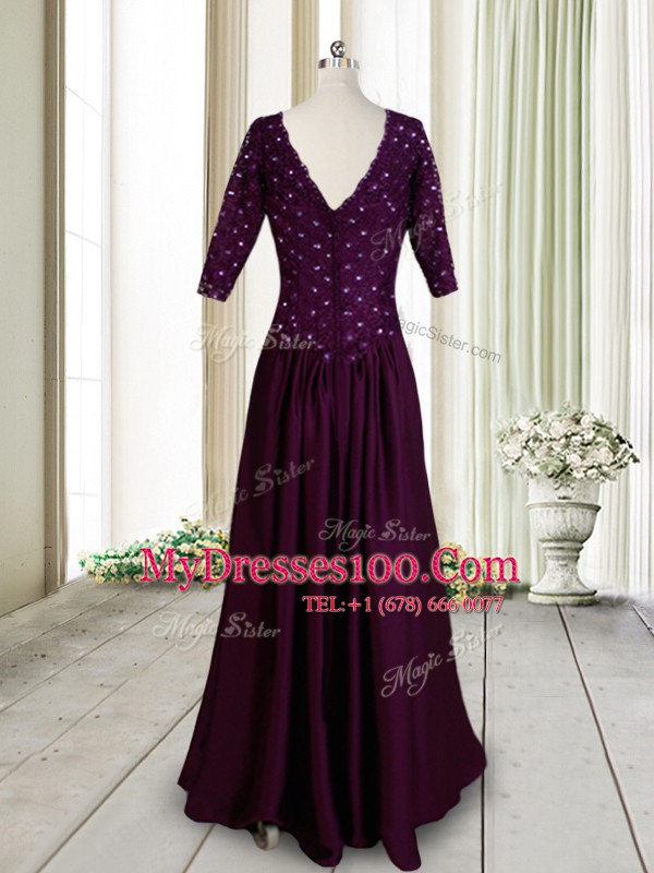 Floor Length Dark Purple Prom Party Dress Elastic Woven Satin Half Sleeves Beading and Lace and Hand Made Flower