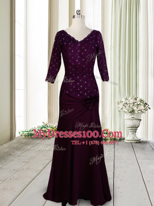 Floor Length Dark Purple Prom Party Dress Elastic Woven Satin Half Sleeves Beading and Lace and Hand Made Flower
