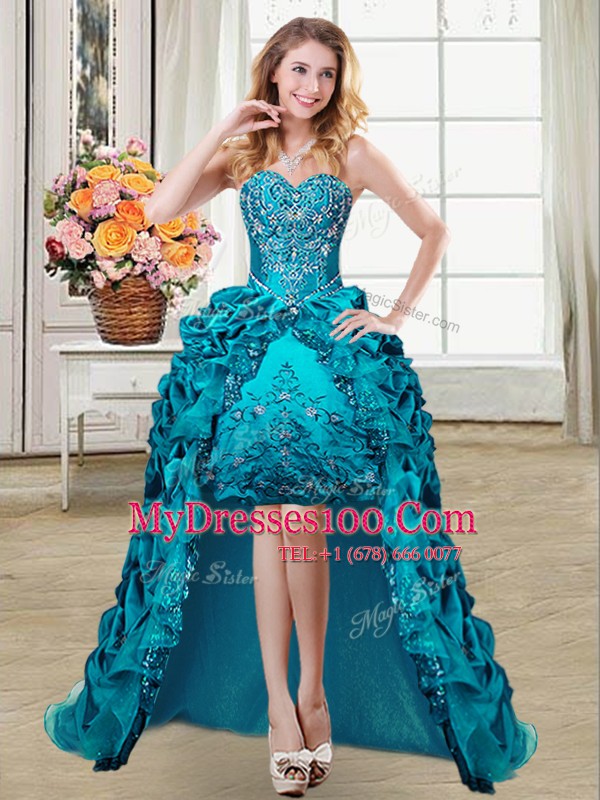 Simple Teal Sweetheart Neckline Embroidery and Pick Ups Military Ball Gown Sleeveless Lace Up