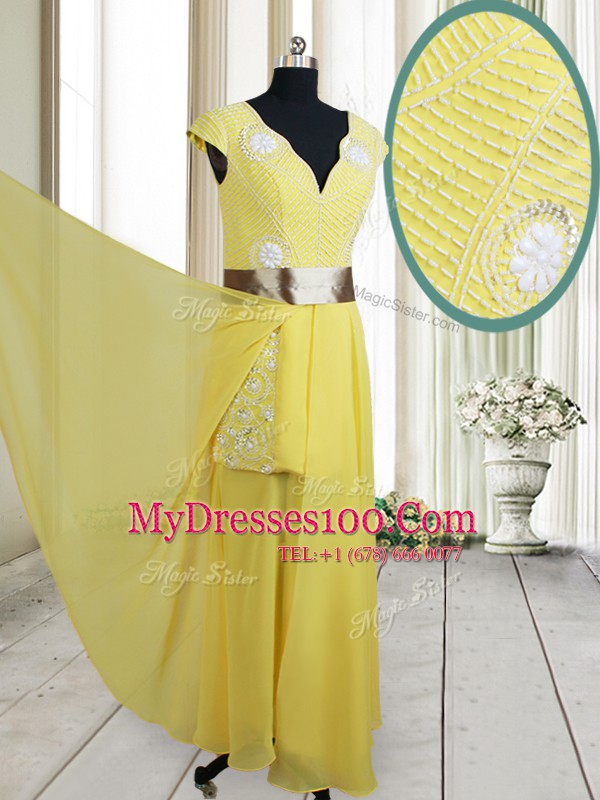 Free and Easy Yellow Zipper Going Out Dresses Beading and Belt Cap Sleeves Floor Length
