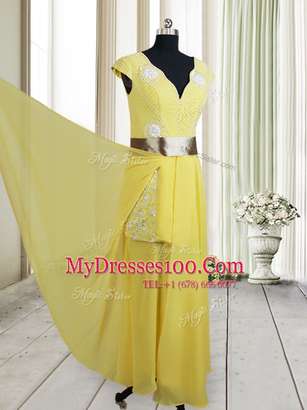 Free and Easy Yellow Zipper Going Out Dresses Beading and Belt Cap Sleeves Floor Length