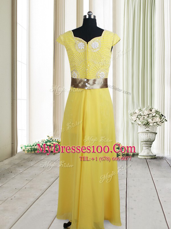 Free and Easy Yellow Zipper Going Out Dresses Beading and Belt Cap Sleeves Floor Length