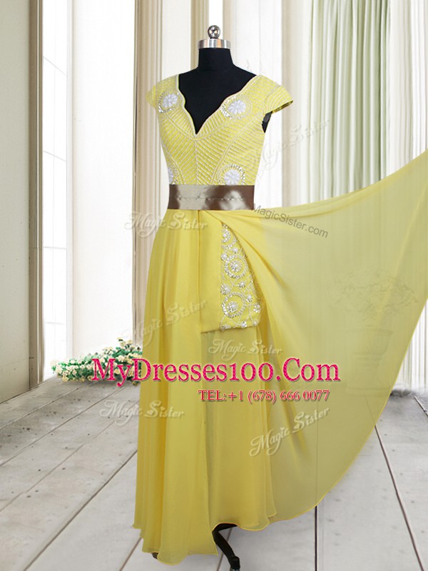 Free and Easy Yellow Zipper Going Out Dresses Beading and Belt Cap Sleeves Floor Length