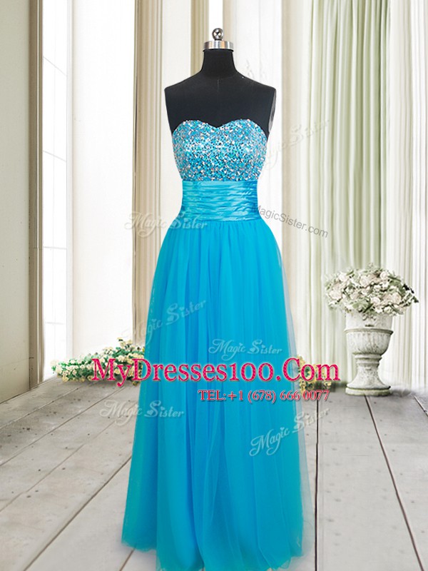 Simple Sleeveless Tulle Floor Length Lace Up Womens Evening Dresses in Baby Blue with Beading