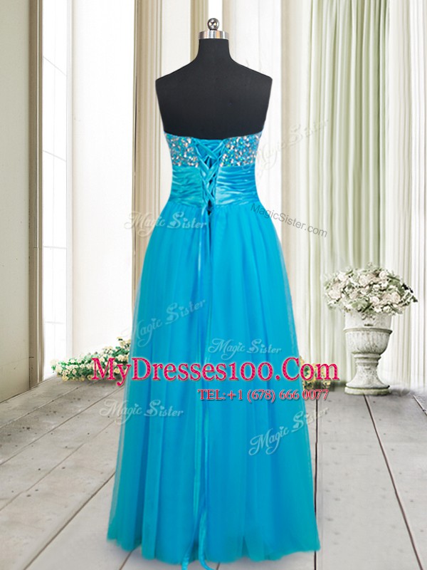 Simple Sleeveless Tulle Floor Length Lace Up Womens Evening Dresses in Baby Blue with Beading