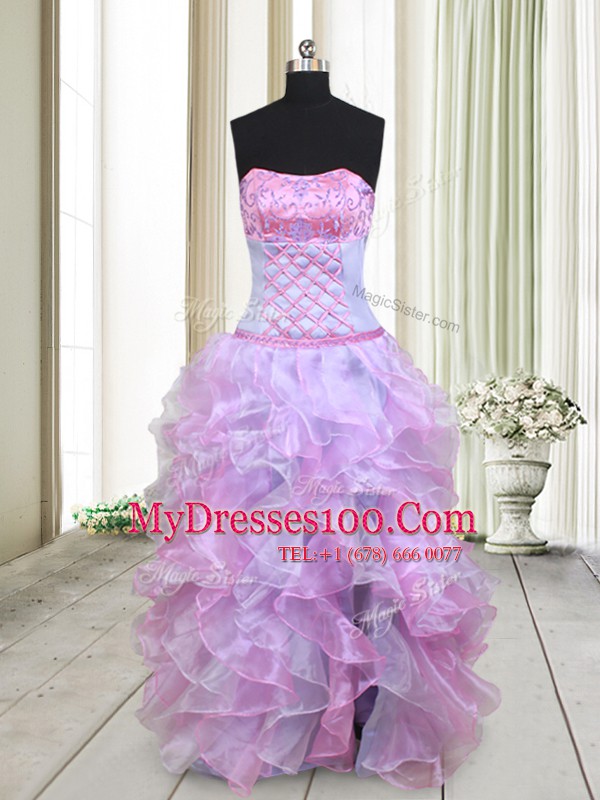 Suitable Multi-color Empire Beading and Ruffles Prom Dresses Lace Up Organza Sleeveless Floor Length