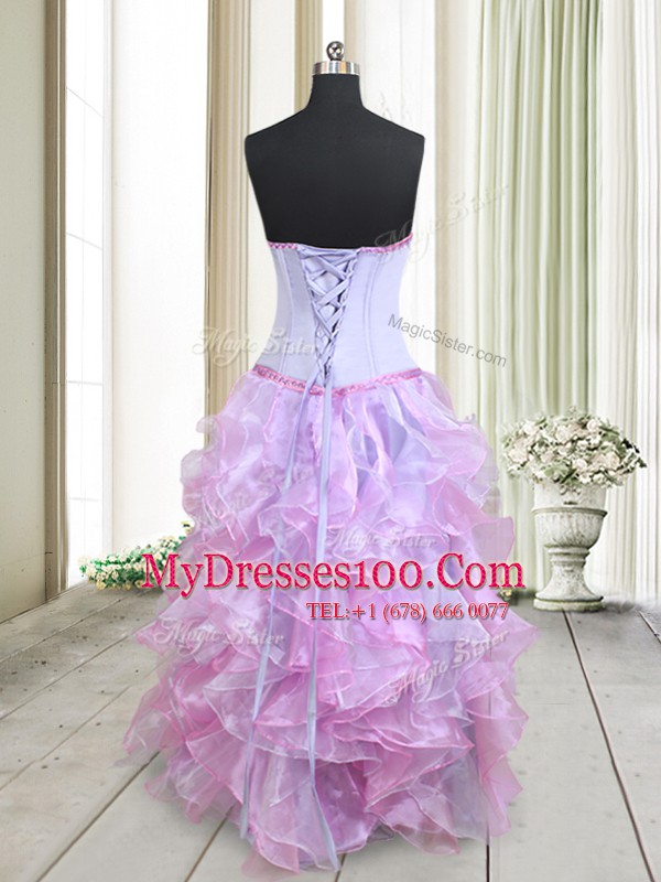 Suitable Multi-color Empire Beading and Ruffles Prom Dresses Lace Up Organza Sleeveless Floor Length