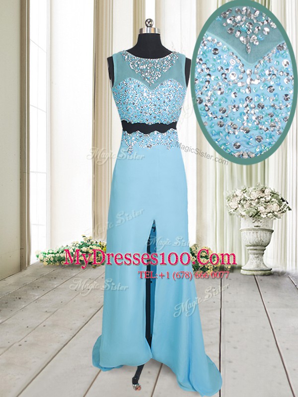 Fashionable Scoop Aqua Blue Column/Sheath Beading Prom Dress Zipper Chiffon Sleeveless Floor Length
