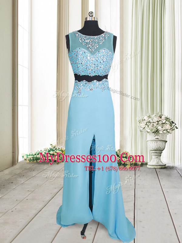 Fashionable Scoop Aqua Blue Column/Sheath Beading Prom Dress Zipper Chiffon Sleeveless Floor Length