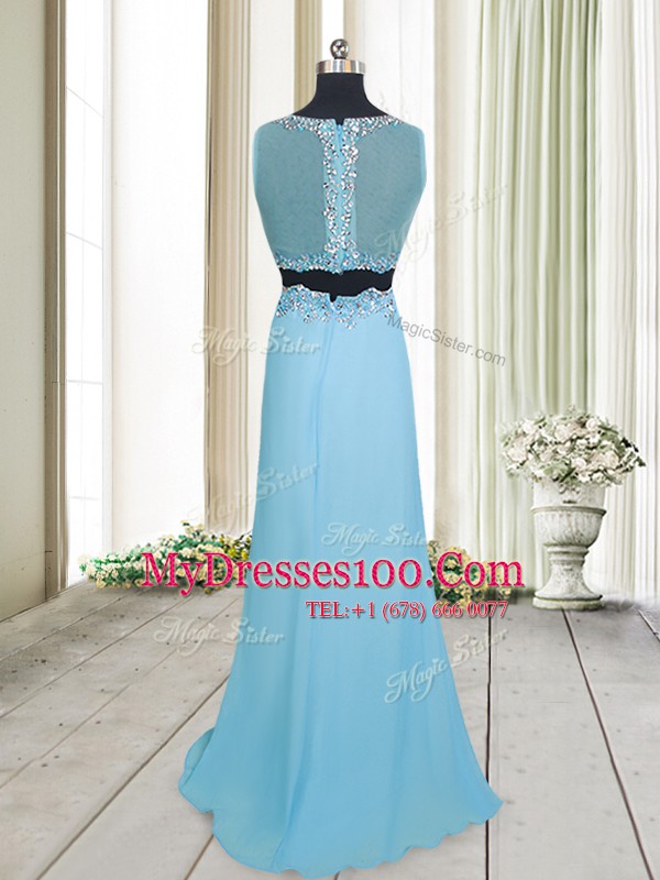 Fashionable Scoop Aqua Blue Column/Sheath Beading Prom Dress Zipper Chiffon Sleeveless Floor Length