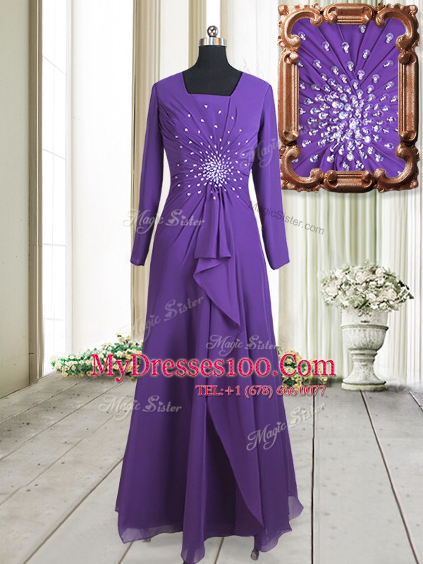 Custom Fit Square Long Sleeves Floor Length Zipper Dress for Prom Purple for Prom with Beading
