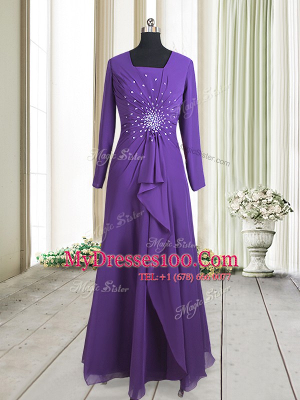 Custom Fit Square Long Sleeves Floor Length Zipper Dress for Prom Purple for Prom with Beading