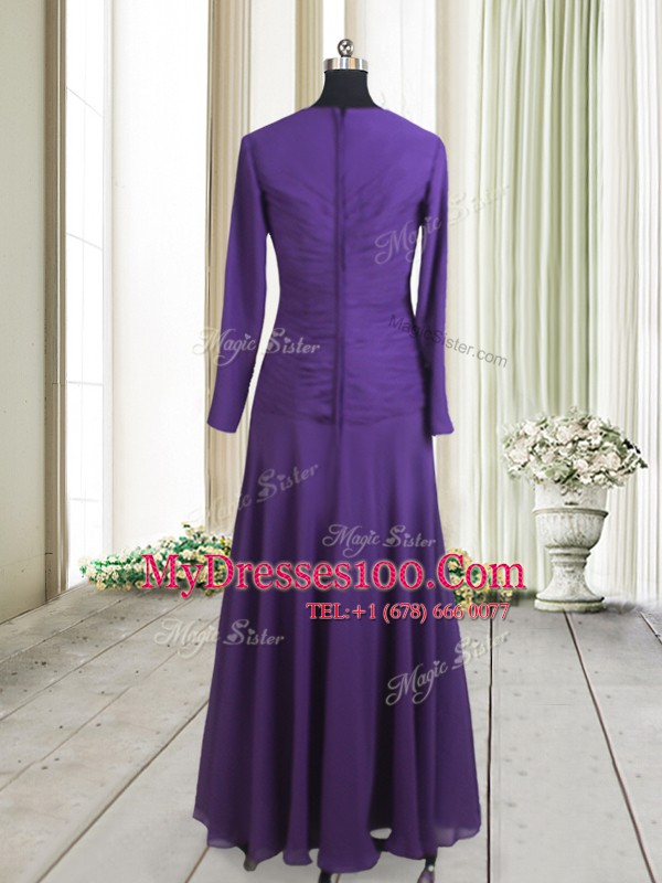 Custom Fit Square Long Sleeves Floor Length Zipper Dress for Prom Purple for Prom with Beading
