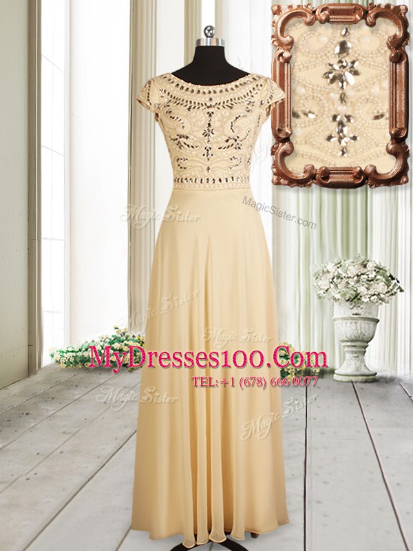 Champagne Chiffon Zipper Scoop Cap Sleeves Floor Length Evening Party Dresses Beading
