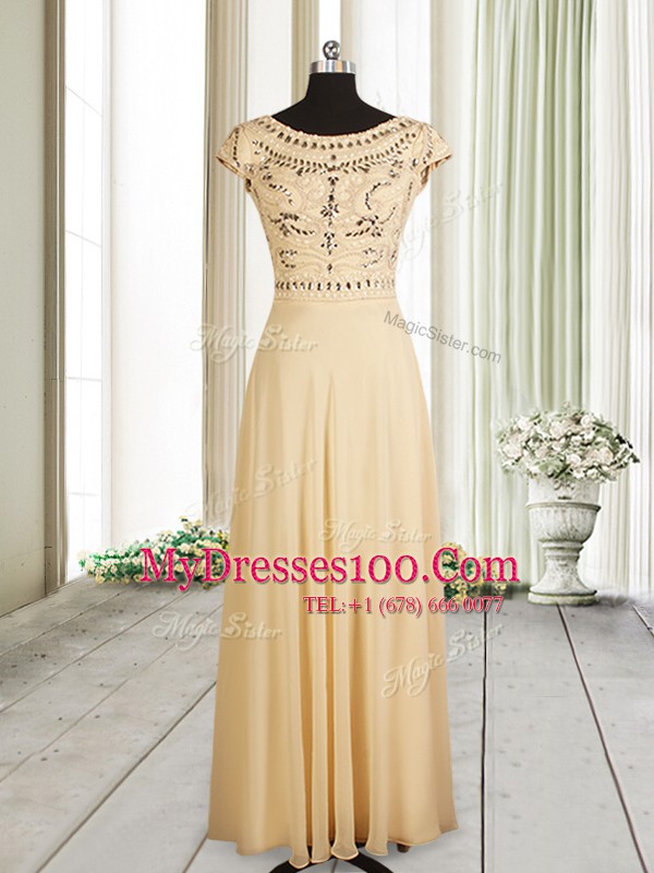 Champagne Chiffon Zipper Scoop Cap Sleeves Floor Length Evening Party Dresses Beading