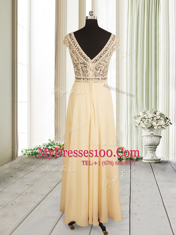 Champagne Chiffon Zipper Scoop Cap Sleeves Floor Length Evening Party Dresses Beading