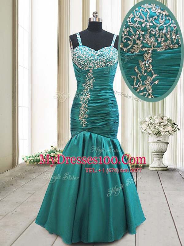 Mermaid Straps Floor Length Lace Up Evening Dresses Teal for Prom and Party with Beading and Ruching